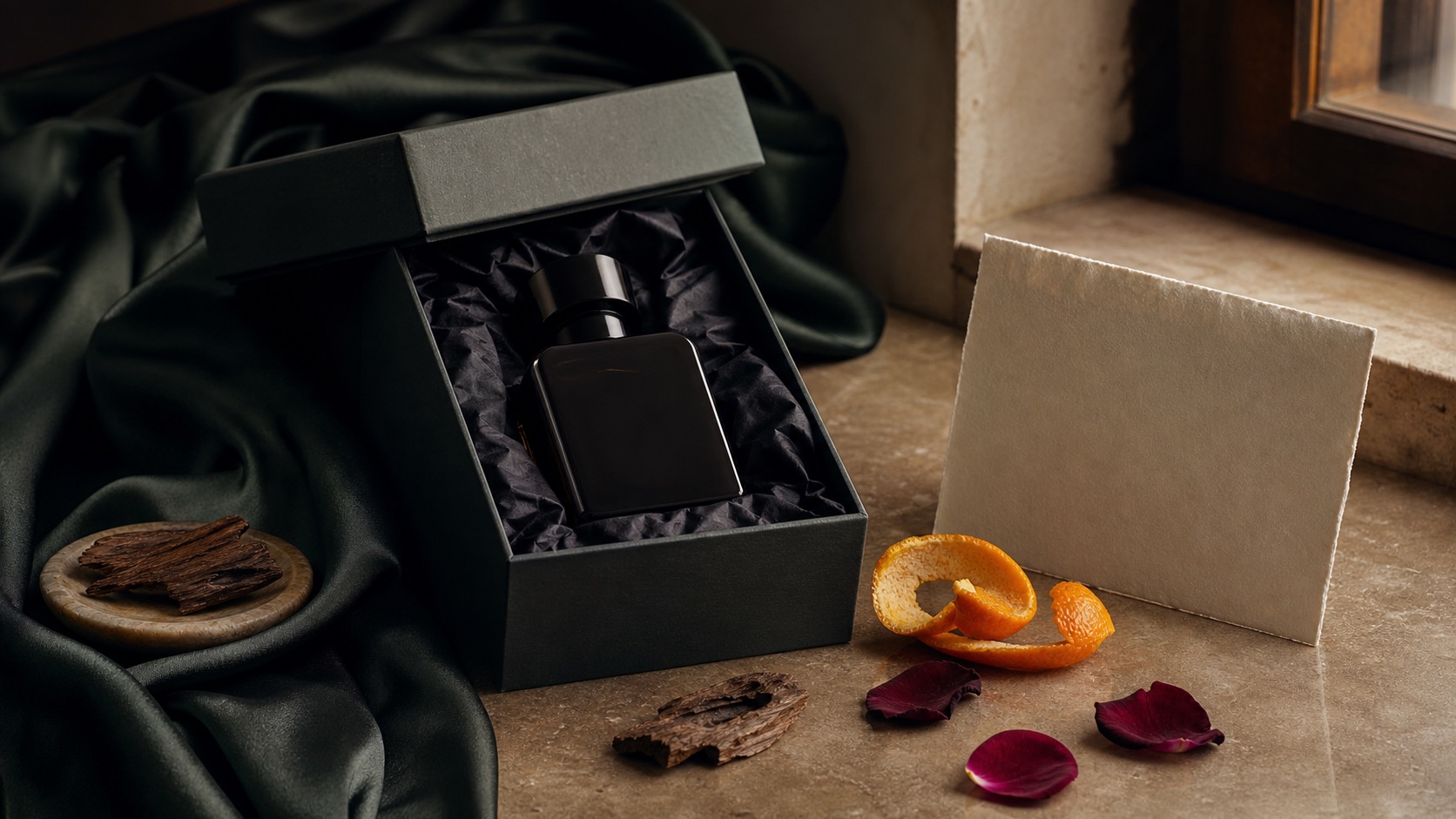 Editorial oud gift scene with an unbranded dark fragrance silhouette, green silk, agarwood, orange peel, and a blank card