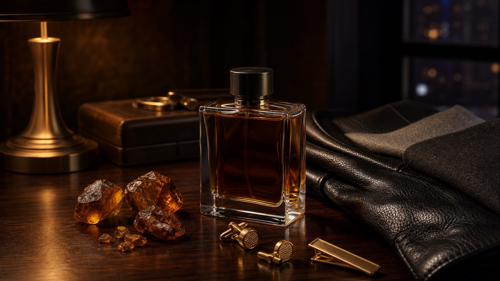 Unbranded editorial image of amber resin, leather, brass, and a generic fragrance silhouette for formal men's fragrance