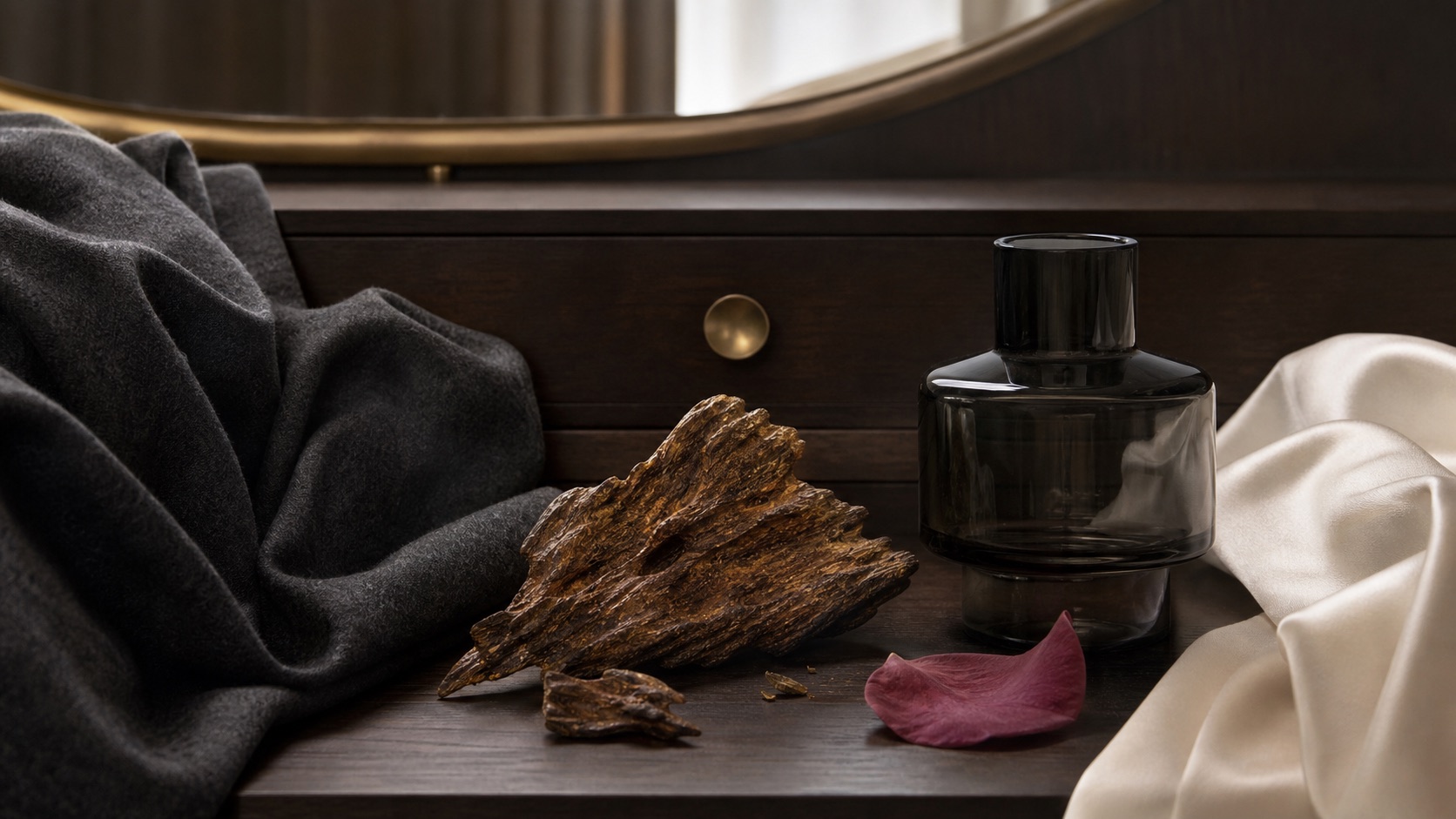 Editorial still life of oud wood between charcoal wool, ivory silk, a rose petal, and unbranded smoky glass