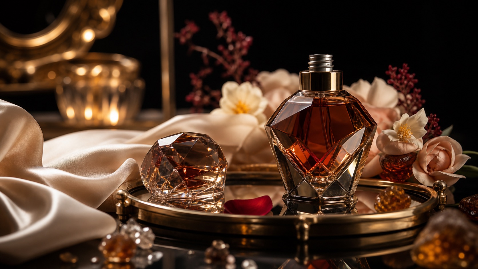 Unbranded editorial image of ornate luxury perfume gifting with cream silk, amber resin, and generic faceted glass
