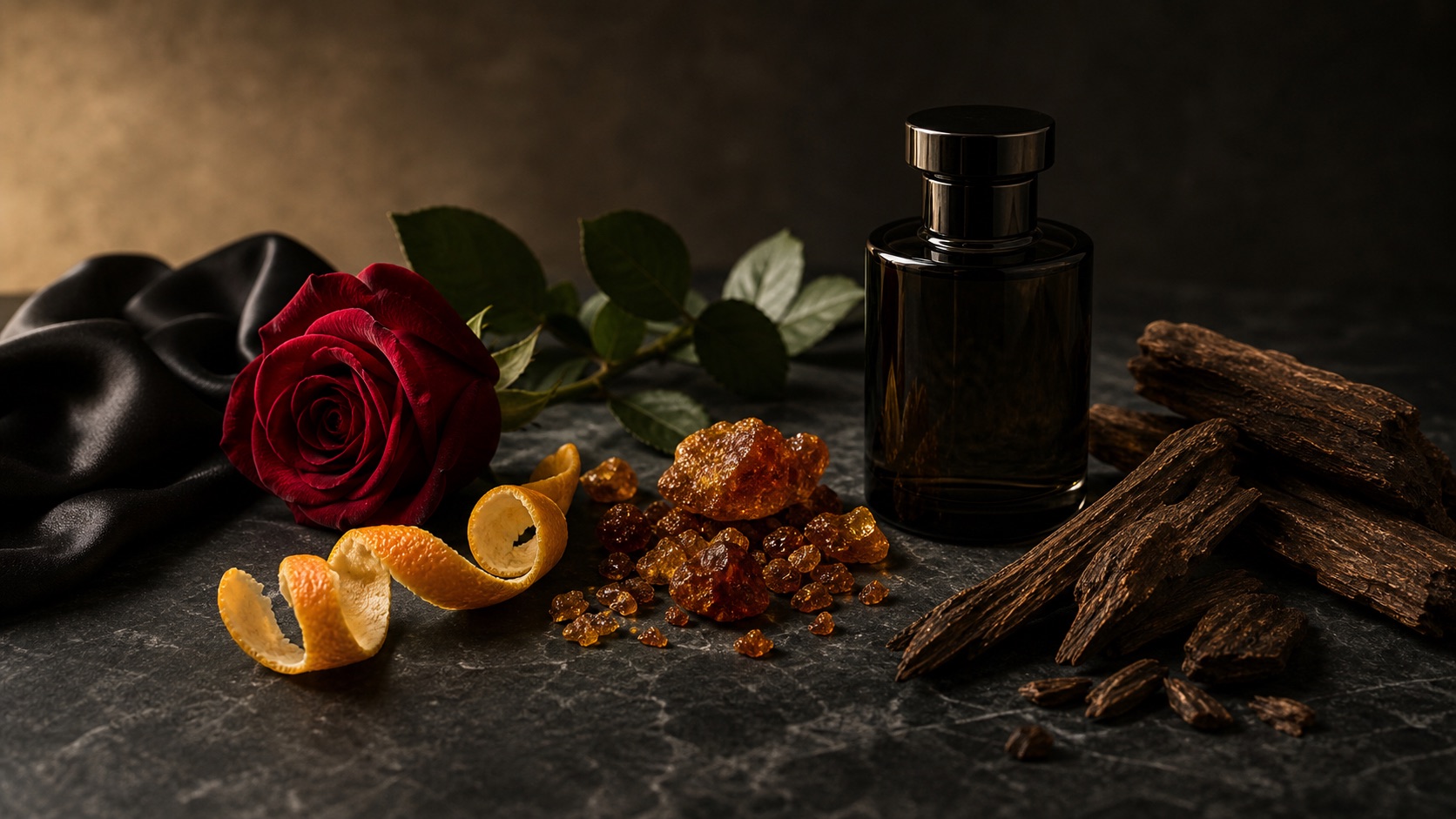 Unbranded editorial image of oud wood, rose, citrus, amber resin, black silk, and a generic dark glass fragrance silhouette