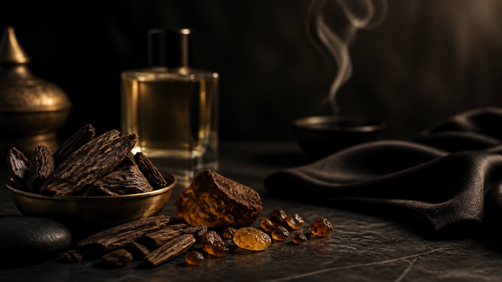 Unbranded editorial image of oud wood, amber resin, black silk, and a generic fragrance silhouette for men's oud perfume