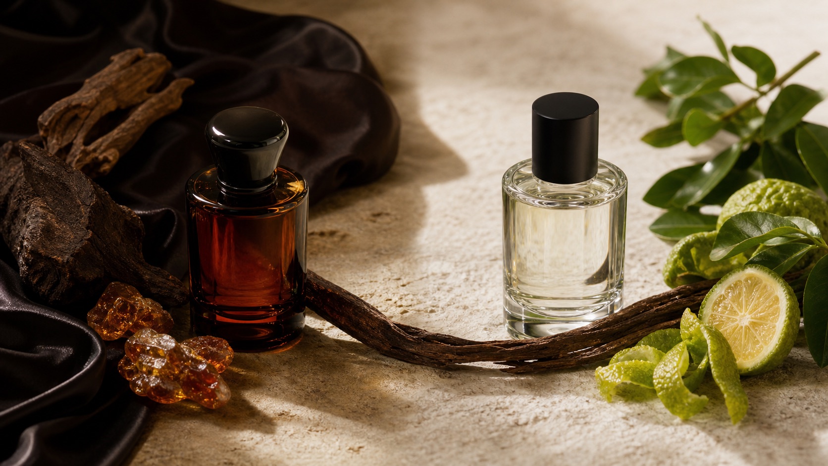 Editorial comparison of dark oud and amber beside a brighter citrus and green oud arrangement