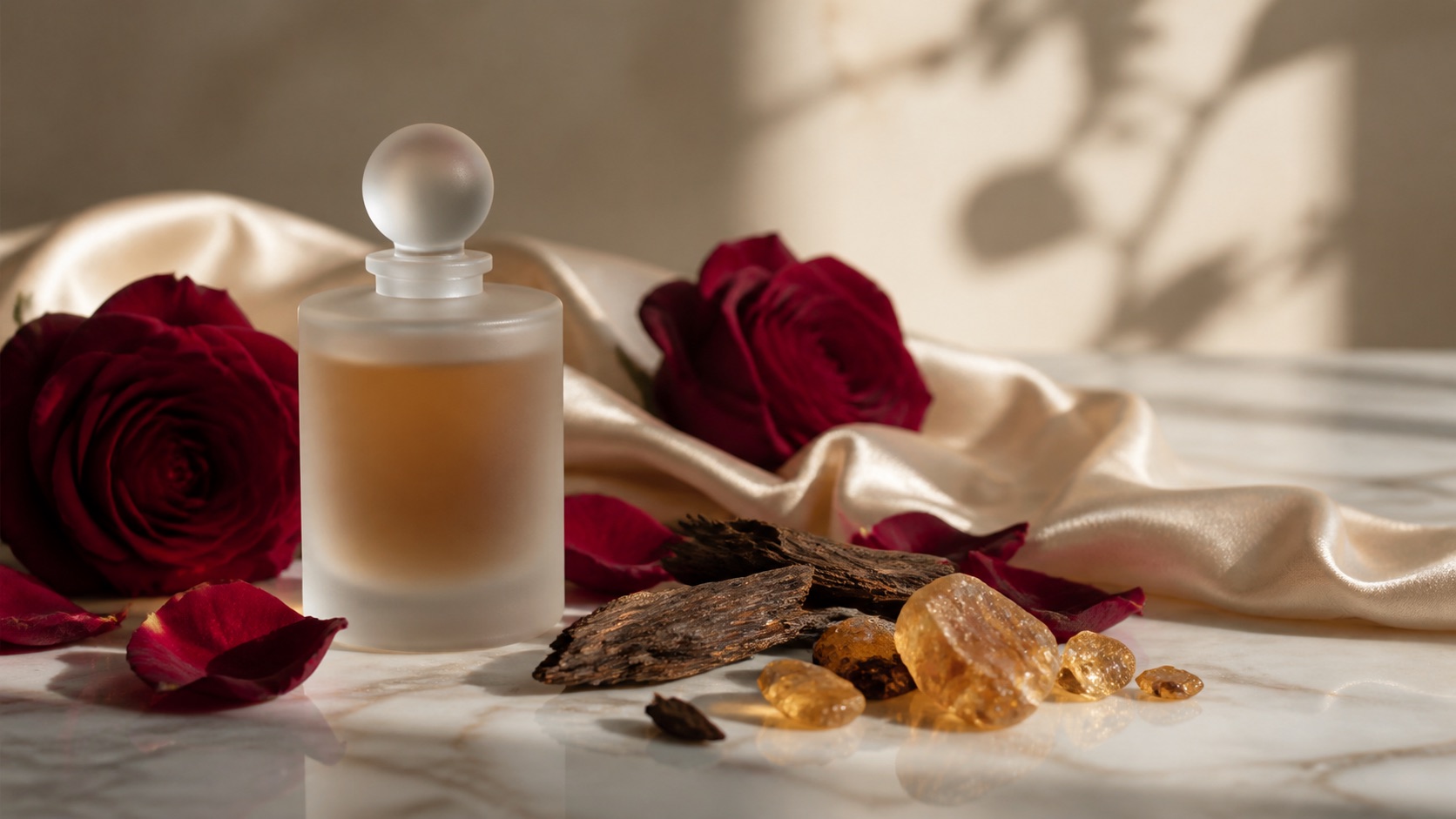 Unbranded editorial image of red roses, oud wood, amber resin, and a generic frosted fragrance silhouette for rose oud perfume