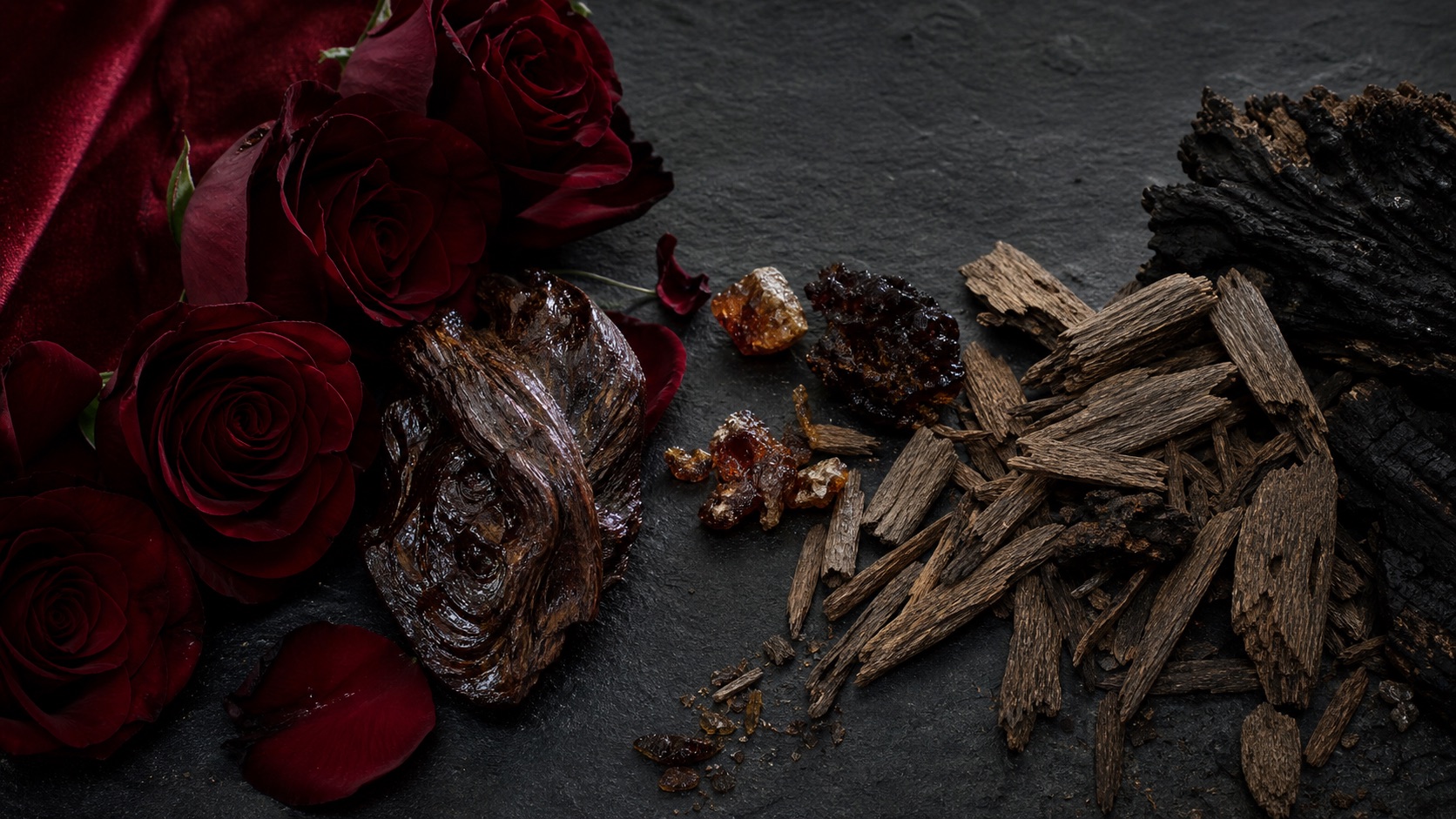Editorial comparison of dark red roses and polished resinous wood beside dry agarwood chips and dark resin