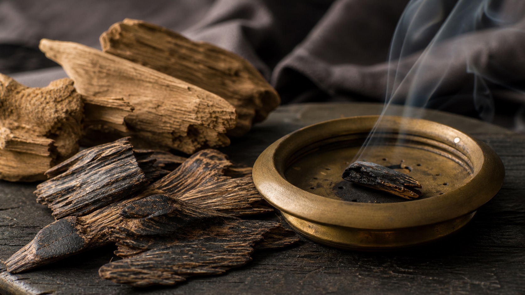 Editorial close-up of resin-rich agarwood chips and a small brass incense dish