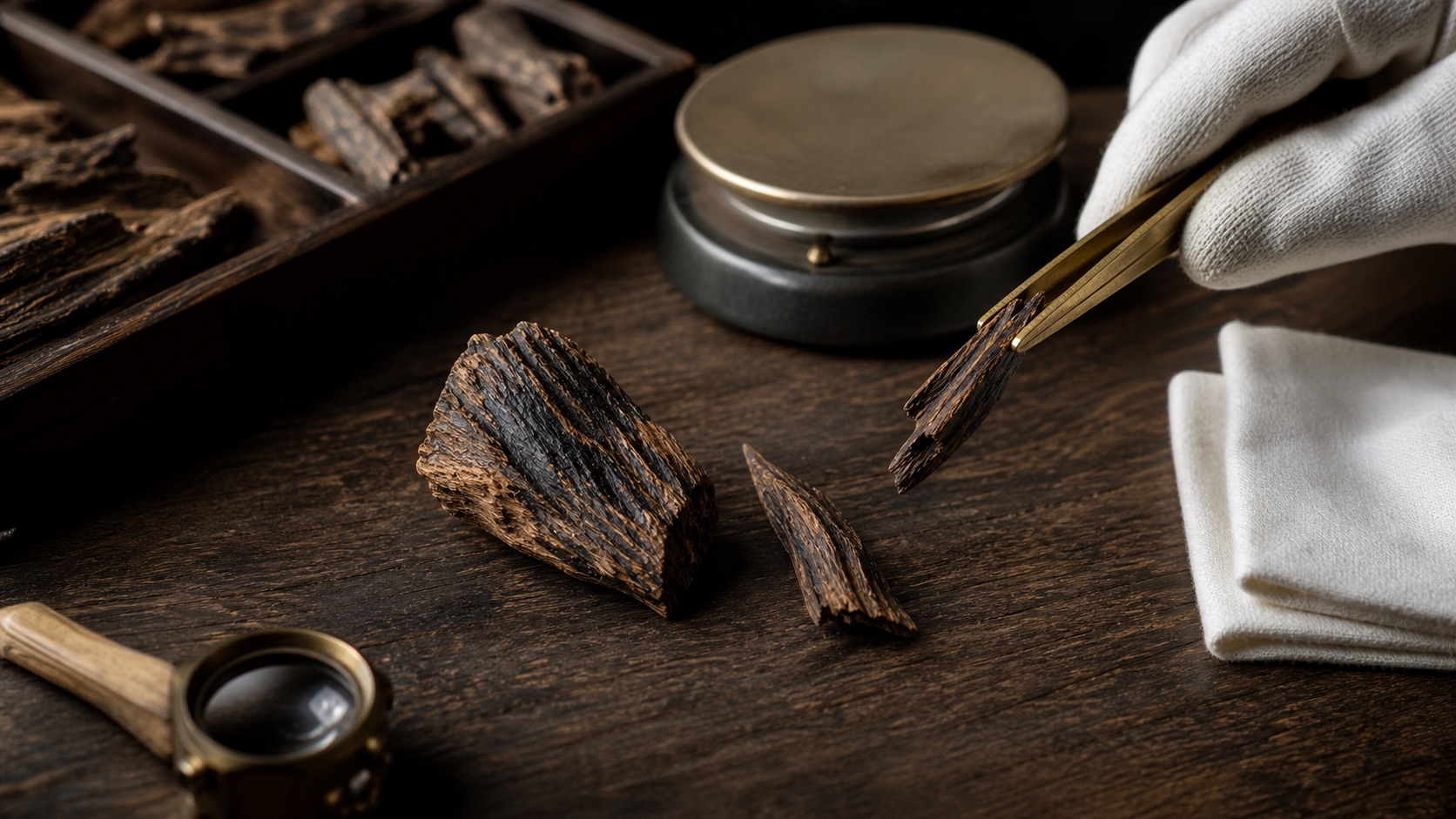 Editorial close-up of resin-rich agarwood being examined with brass tweezers beside a scale and white gloves